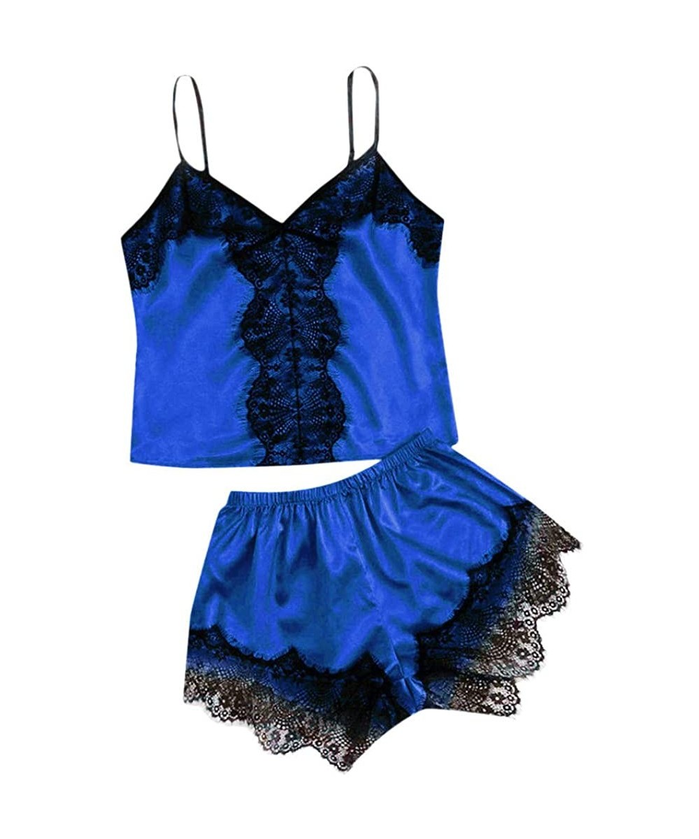 Sets Sexy Lingerie for Women Cami Pajama Set 2 Piece Tank and Shorts Lace Silk Nightwear Corset High Elastic Pajama - C blue ...