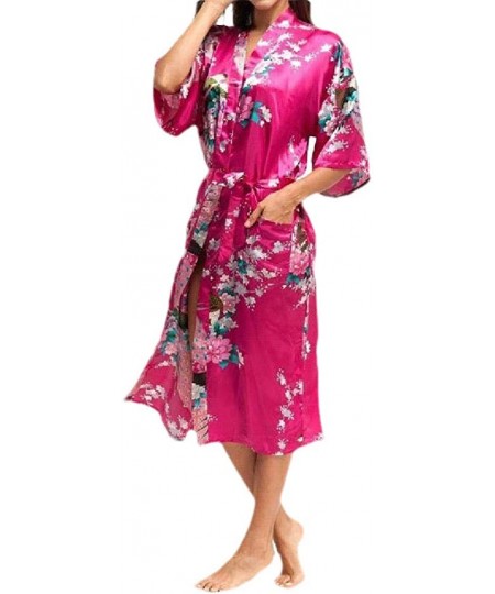 Robes Womens Floral Print Soft Charmeuse Comfort Lounge Robe with Belt - Rose Red - CQ199SN9U4O