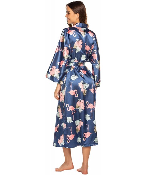 Robes Women's Printed Kimono Robes Long Silk Satin Sleepwear Dressing Gown - 11 Navy - CP197HQ8T7Q