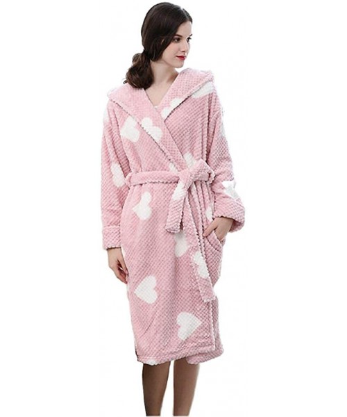 Robes Thicken Warm Kimono Bathrobe Soft Nightgown Long Housecoat-Women's Coral Fleece Robe with Hood - Pink - CB198UHT74G