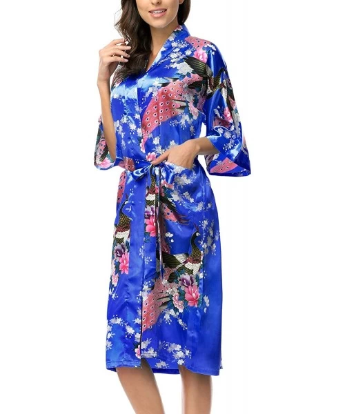 Robes Womens Silk Satin Kimono Robes Long Sleepwear Dressing Gown Printed Pattern - Royal Blue - C918254O0UG