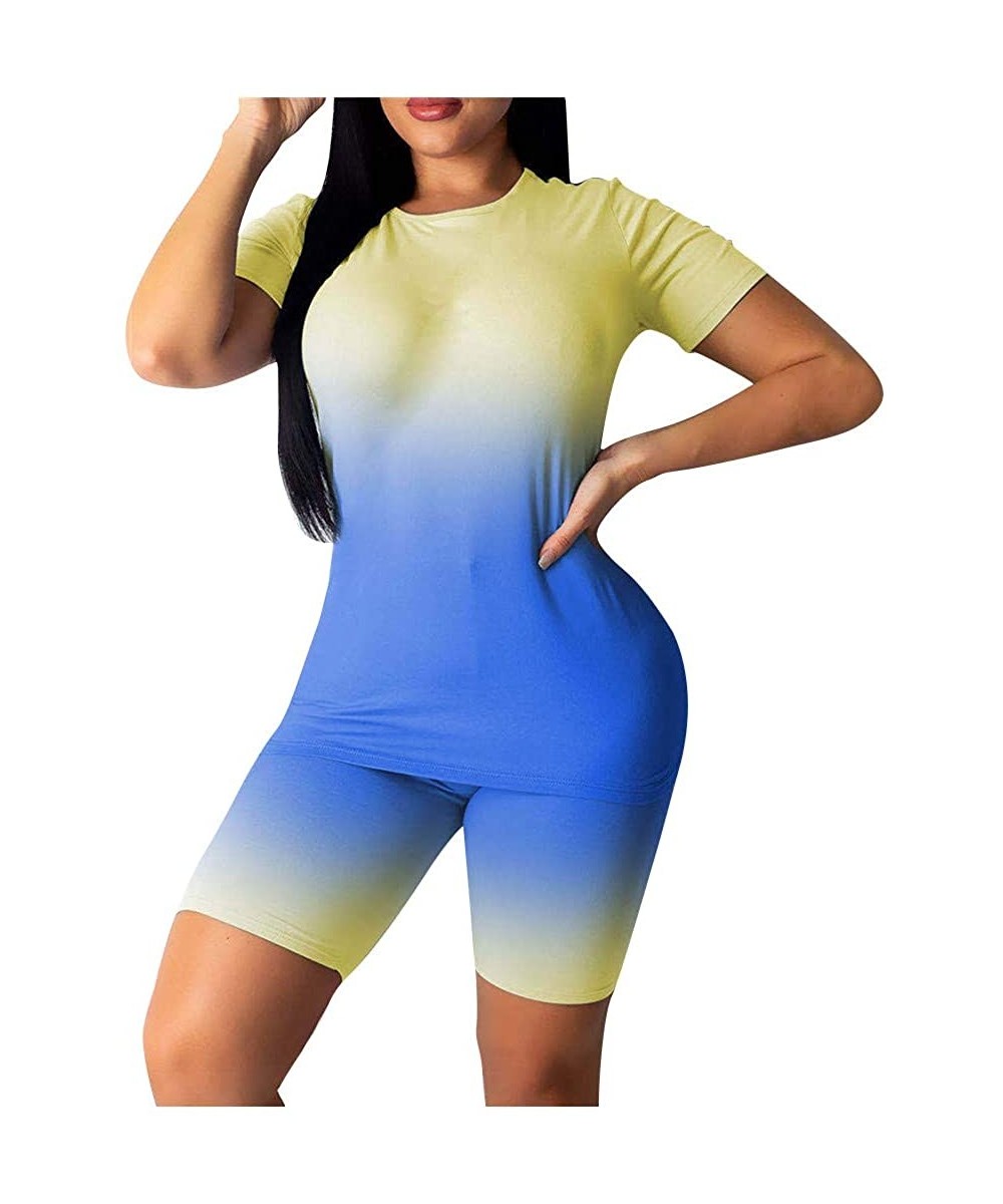 Tops Two Piece Outfits Sets for Women Tracksuit Set Short Sleeve T Shirts+Skinny Short Pants Shorts Rompers - Blue - C119C7DHUSL