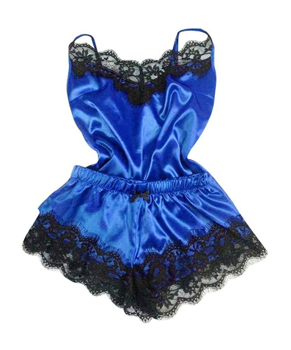 Sets Women Pajamas Set Satin Silk Cami Set Silky Lace Nightwear Short Sleepwear Lingerie - D Blue - CQ194X47STL
