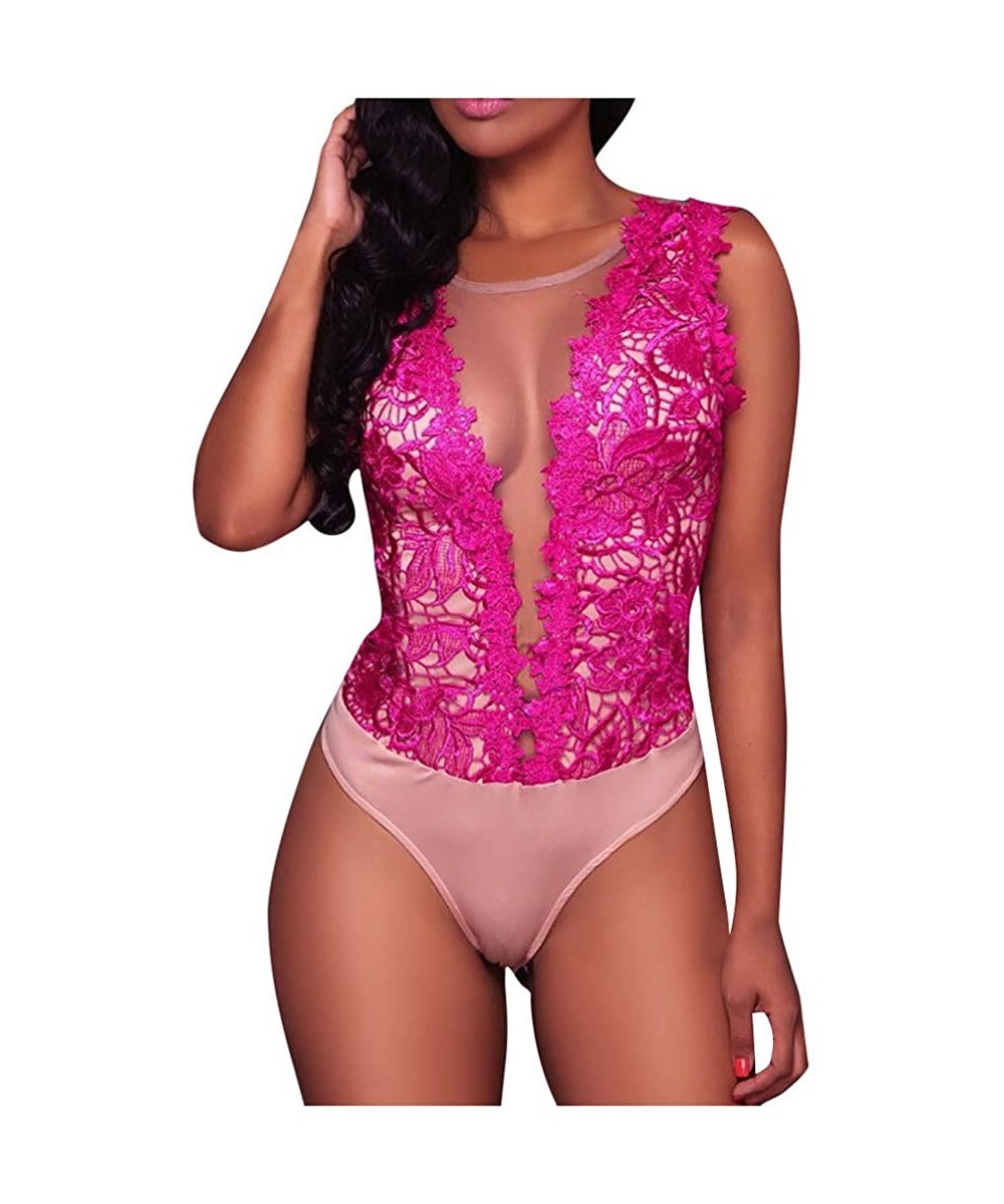 Garters & Garter Belts Women One Piece Lingerie Lace Bodysuit Romper Sheer Mesh Babydoll Teddy Nightwear - Hot Pink - CV193Q4...