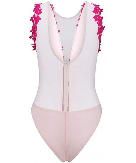Garters & Garter Belts Women One Piece Lingerie Lace Bodysuit Romper Sheer Mesh Babydoll Teddy Nightwear - Hot Pink - CV193Q4...