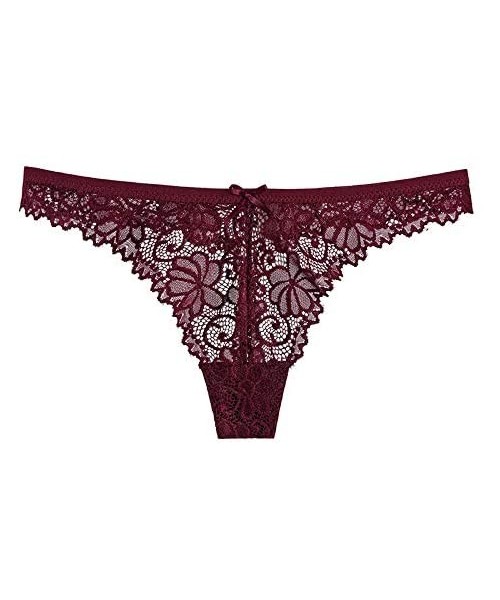Panties Lace Thong for Women Thin Hollowed Out T Back Low Waist Sexy Thong See Through Panties 3-Pack - 1 Navy+ 1 Red+ 1 Wine...