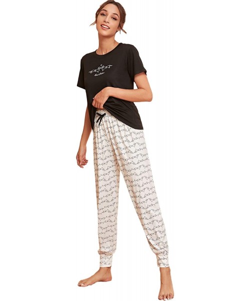 Sets Women's Letter Print Tee and Plaid Pants Pajama Set Sleepwear - Black and White - CH195AGE3CR
