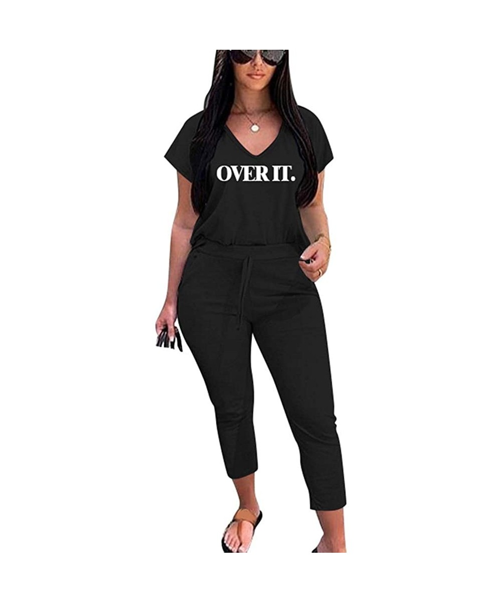 Sets Women Casual 2 Piece Outfits Jumpsuits Summer Short Sleeve Letter Print Tops and Jogger Pants Set - A Black - CF190YZ57S4