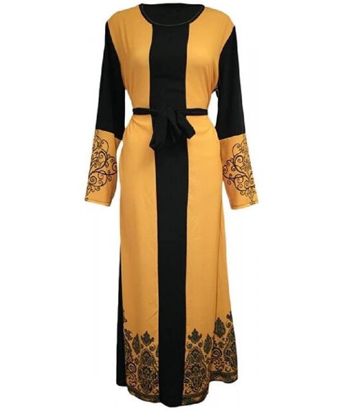 Robes Women Casual Long Sleeve Muslim Abaya Robe Floral Print Maxi Dress - Yellow - CF198ZRKNS3