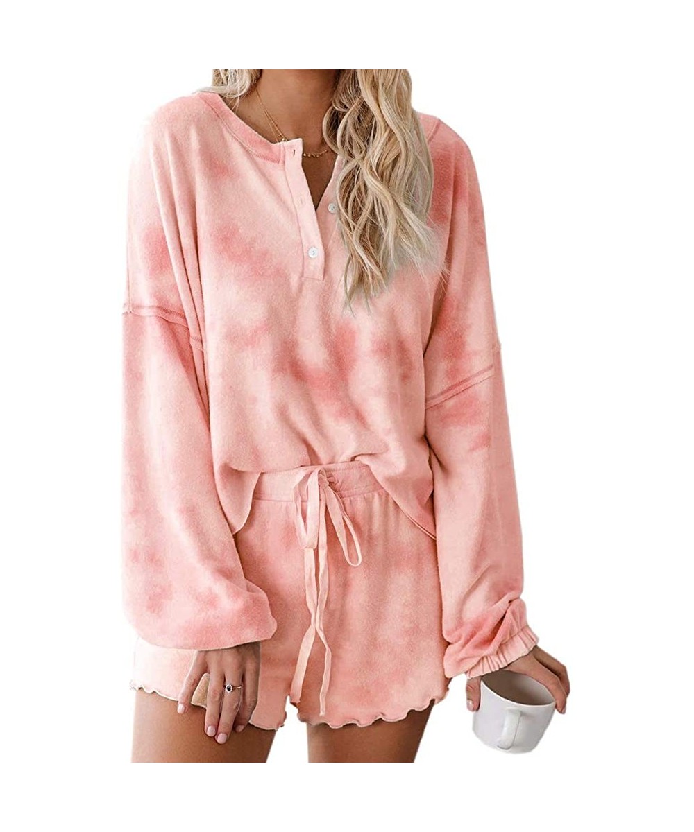 Sets Women Tie Dye Pajama Set Shorts 2 Piece Ruffle Long Sleeve Nightwear Sleepwear Loungewear PJ Set Lotus Root Pink - C1198...