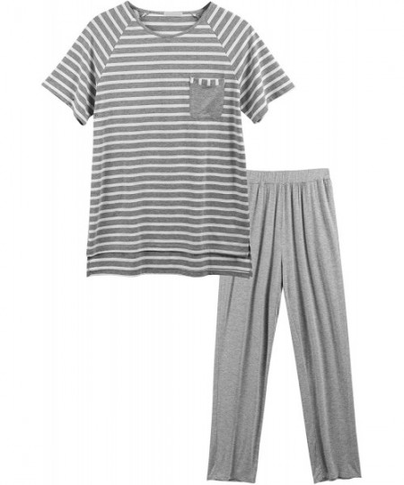 Sleep Sets Men's Summer Pajamas Set Short Sleeve Striped Raglan T-Shirt and Pants Set PJS Sleepwear Lounge Set - Grey - C418D...