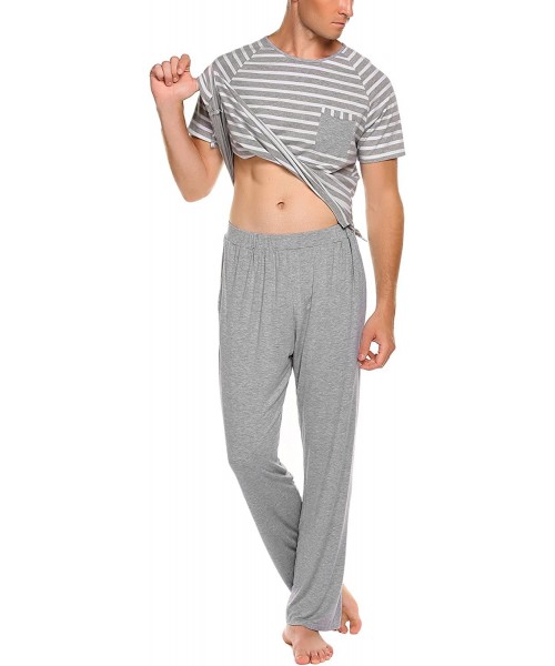 Sleep Sets Men's Summer Pajamas Set Short Sleeve Striped Raglan T-Shirt and Pants Set PJS Sleepwear Lounge Set - Grey - C418D...