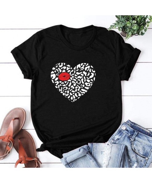 Tops Women's Valentine Shirt- Adeliberr Heart-Shaped Cute Graphic Print Shirt Shirt T-Shirt Short Sleeve - J-black - CM194K69TMH