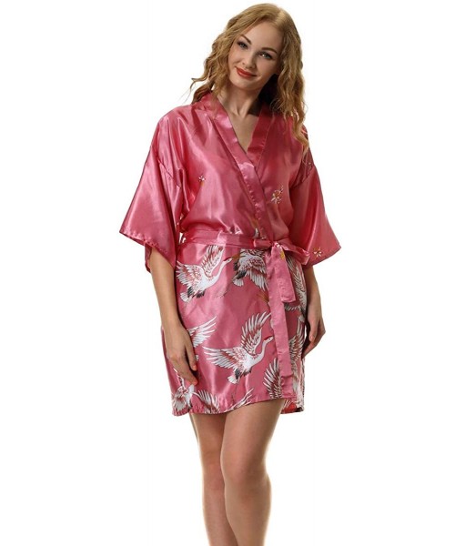 Robes Womens Satin Robe Short Silk Kimono Bridal Bridesmaid Bathrobe Crane Wedding Party Robes Sleepwear - Coral - CV1906HREET
