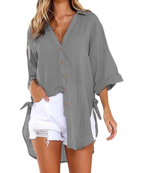 Thermal Underwear Women's Loose Button Long Shirt Dress Cotton Ladies Casual Shirt Long T-Shirt Shirt - Gray - CD18S7TM605