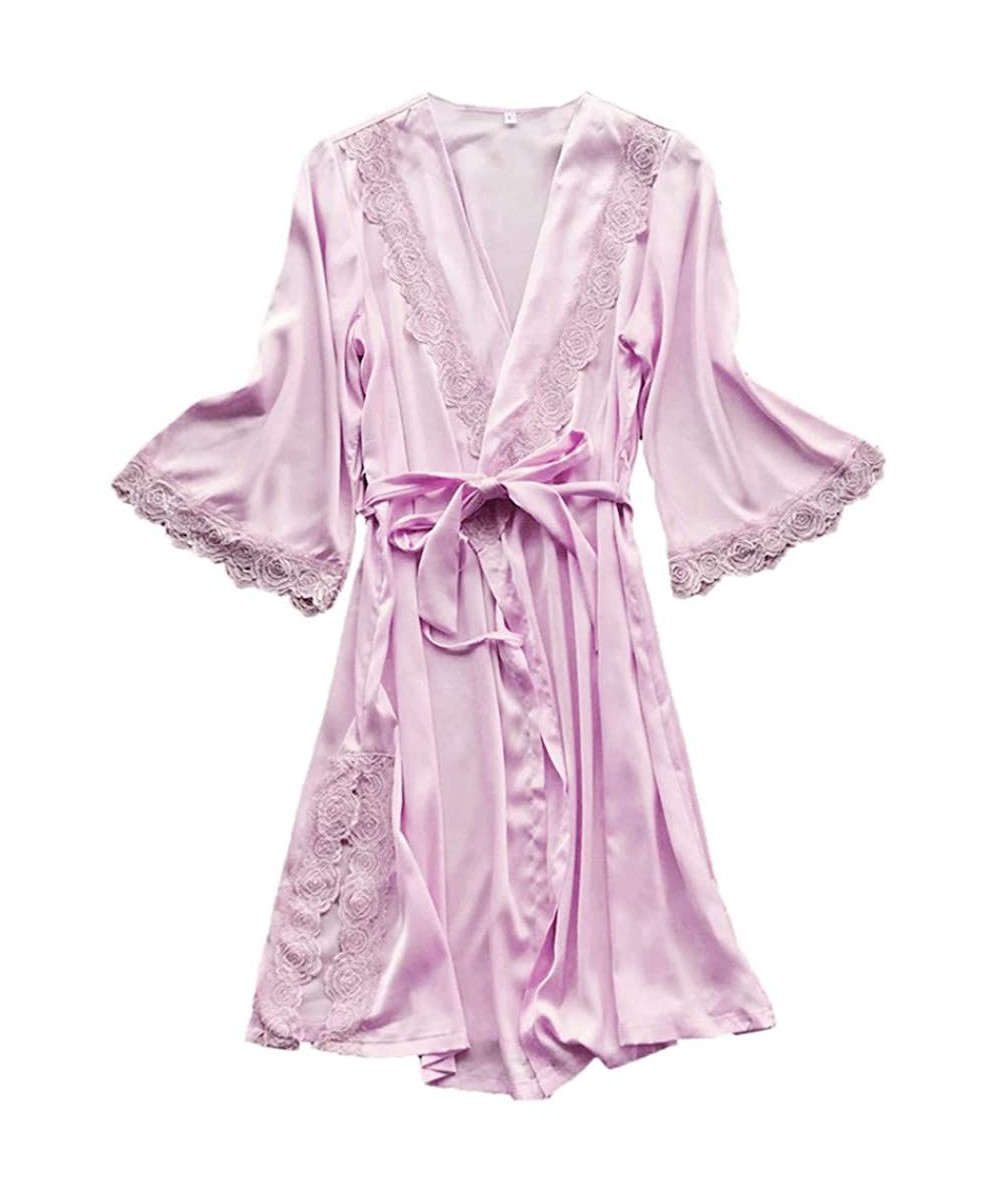 Robes Women Sexy Lace Sleepwear Lingerie Temptation Camisole Nightdress Nightgown with Belt - Pink 4 - C419D89I33N