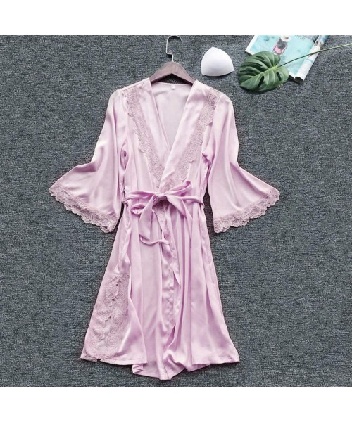 Robes Women Sexy Lace Sleepwear Lingerie Temptation Camisole Nightdress Nightgown with Belt - Pink 4 - C419D89I33N