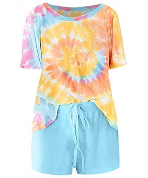 Sets Women's Short Sleeve Lettuce Trim Tie-Dye Top Shorts- 2 Piece Outfits Pajama Set- for Women - Yellow - C41903G0COT