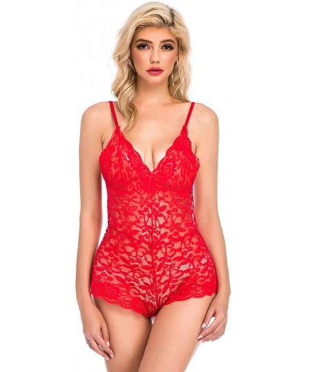 Shapewear Women Sexy Lingeries Sheer Lace Bodysuits V Neck Push up Teddy Rompers Jumpsuit Pajamas Teddy Sleepwear S-3XL - Red...