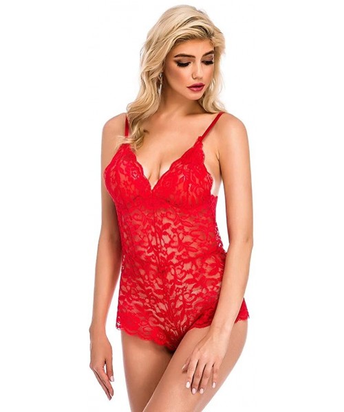 Shapewear Women Sexy Lingeries Sheer Lace Bodysuits V Neck Push up Teddy Rompers Jumpsuit Pajamas Teddy Sleepwear S-3XL - Red...
