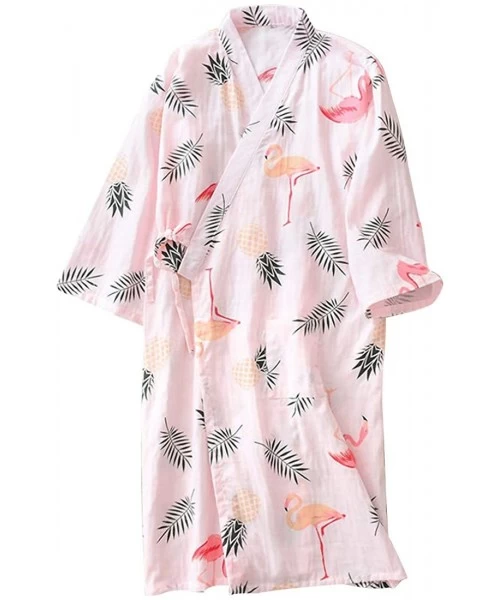 Robes Women's Bathrobe Lightweight Cotton Kimono Robe Flamingo - Pink - C01944NSESD
