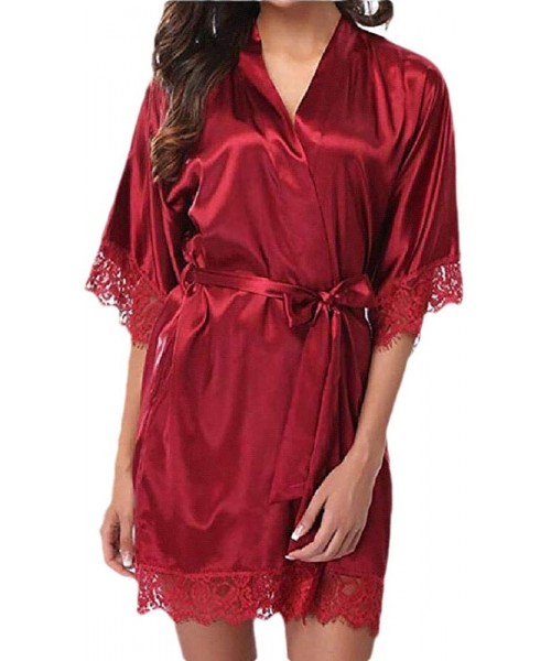 Robes Women's Sexy Silk Sleepwear Satin Lace Trim Nightwear Short Kimono Robe - 10 - C1198HGU3YG