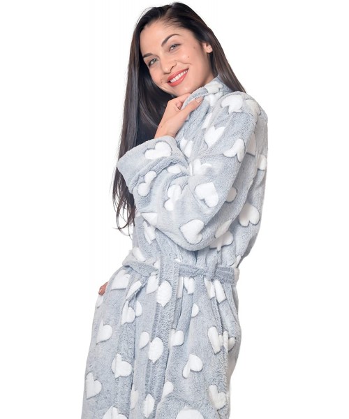 Robes Women's Robe Warm Fleece Long Plush Deluxe Soft Textured Loungewear Sleepwear Shawl - Grey W/ Hearts - CQ19273MU7C