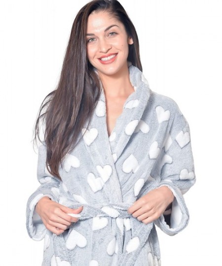 Robes Women's Robe Warm Fleece Long Plush Deluxe Soft Textured Loungewear Sleepwear Shawl - Grey W/ Hearts - CQ19273MU7C