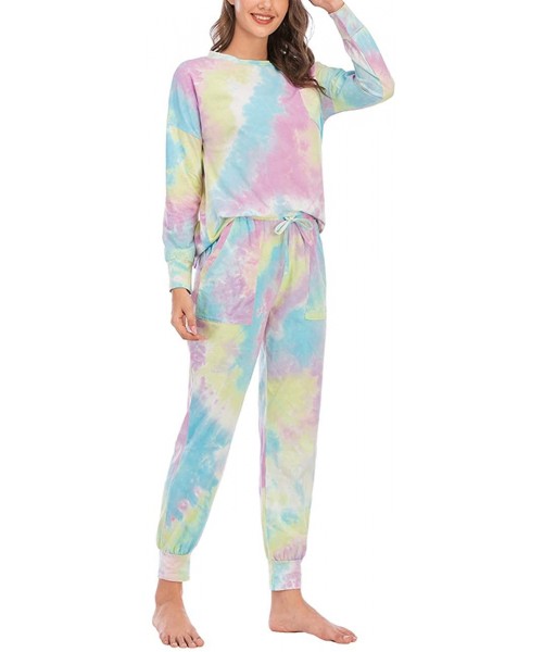 Sets Womens Tie Dye Pajamas Set Long Sleeve Sleepwear and Pants Nightwear Pj Lounge Sets with Pockets - Pinkgreen - CG19DEXRRUQ