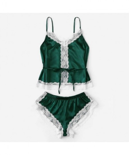 Sets 2020 New Women Silk Satin Solid Color Pajamas Set Lace Cami Shorts Sleepwear Set Summer 2pcs Home Loungewear Green - CG1...