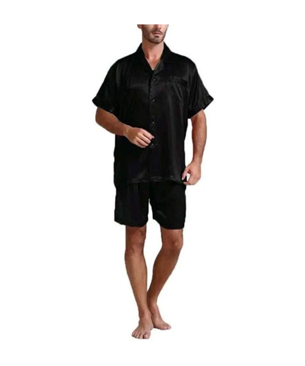 Sleep Sets Men's Satin Pajamas Set Short Sleeve Button-Down Pj Set Sleepwear Loungewear - Black - C419972KCZC
