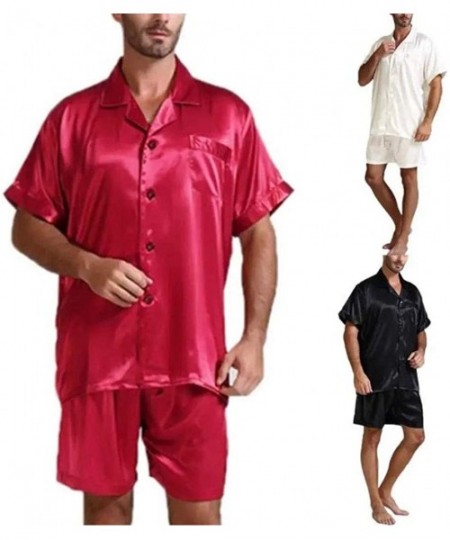 Sleep Sets Men's Satin Pajamas Set Short Sleeve Button-Down Pj Set Sleepwear Loungewear - Black - C419972KCZC