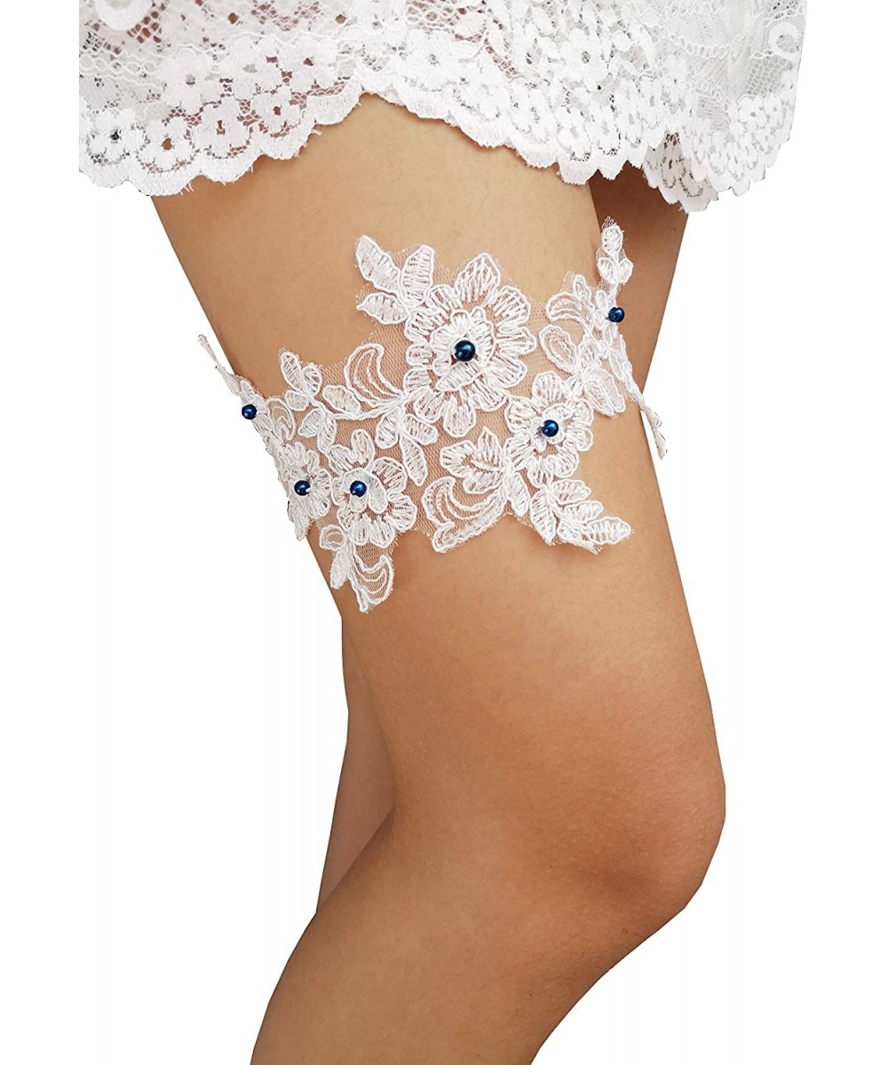 Garters & Garter Belts Bridal Lace Garter Pearls Garter Flower Leaf Design G43 - Navy - CW18I0W9IDW