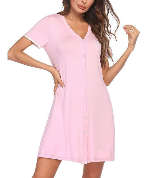 Nightgowns & Sleepshirts Short Sleeve Nightgowns for Women- Cute Sleepwear Button Down Sleep Shirt Dress - Short Sleeve misty...