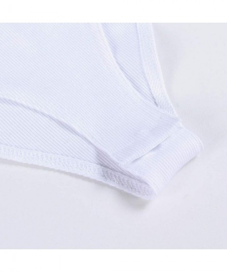 Shapewear Women's Short Sleeve Button Down Ribbed Knit Bodysuit Basic Crew Neck Leotard Top - White - CB190LIW9AI