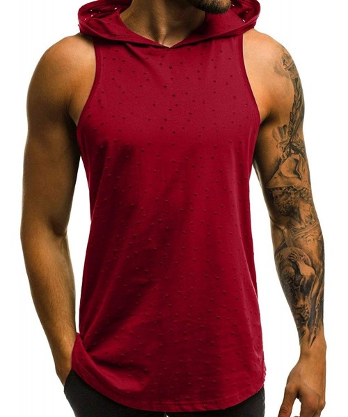 Bikinis Men's Workout Hooded Tank Tops Bodybuilding Muscle Cut Off T Shirt Sleeveless Gym Hoodies - Red - CB194EADQ7Y