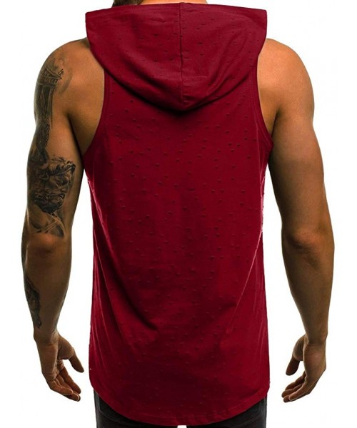 Bikinis Men's Workout Hooded Tank Tops Bodybuilding Muscle Cut Off T Shirt Sleeveless Gym Hoodies - Red - CB194EADQ7Y