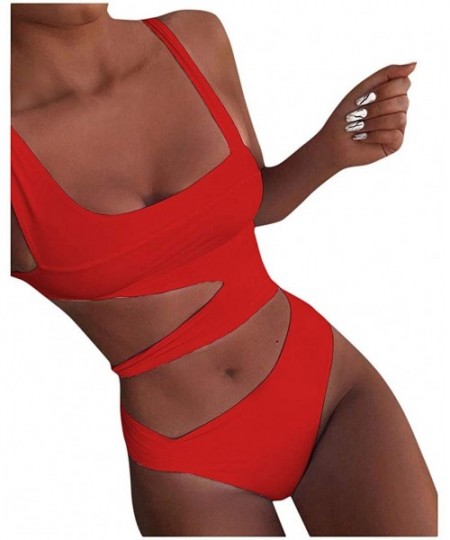 Thermal Underwear Women's Solid Color One-Piece Swimsuit Bikini Beachwear Bathing Suit - Red - CA1965ERWHE