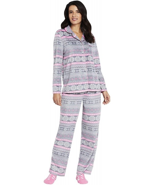 Sets Women's Long Sleeve Minky Fleece Pajama Set PJ with Socks - Medallion Fairisle Charcoal Grey/Pink/White - C018E4QAT8C