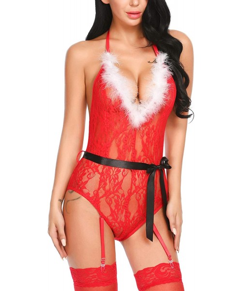 Baby Dolls & Chemises Womens Christmas Lingerie Santa Babydoll Deep V Sexy Nightwear with Bow - Bodysuit-red - CE193IE5RW7
