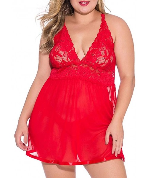 Accessories Women V Neck Lace Nightdress Plus Size Chemise Babydoll Bodysuit Sleepdress Lingerie - Red - CC1973D6A3I
