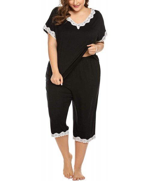 Sets Women's Plus Size Pajama Set Short Sleeve Sleepwear Tops with Capri Pants and Pockets Nightwear Loungewear Pjs Sets - Bl...