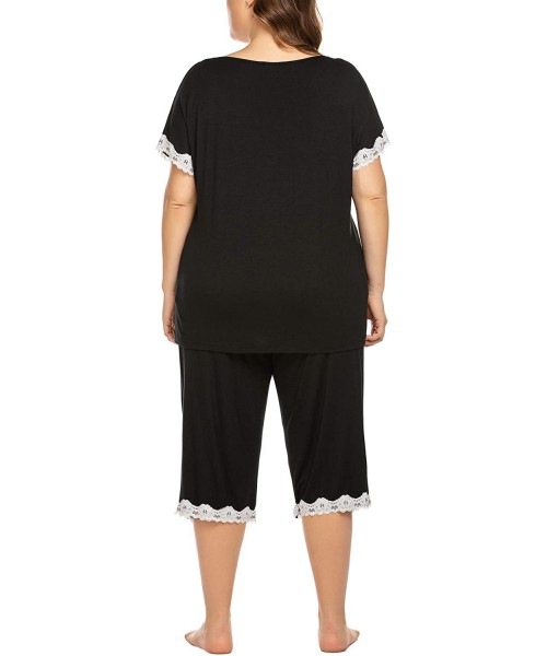 Sets Women's Plus Size Pajama Set Short Sleeve Sleepwear Tops with Capri Pants and Pockets Nightwear Loungewear Pjs Sets - Bl...