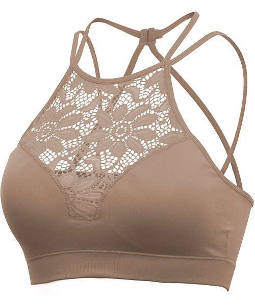 Bras Womens Every Day High Neck Lace Halter Cutout Bralette with Bra Pads Back Strap - Nh9166-mocha - CT19074YXY5