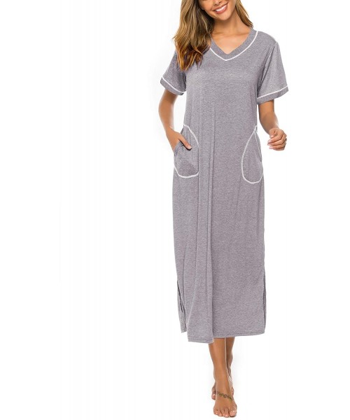 Nightgowns & Sleepshirts Womens Nightgowns Cotton V Neck Night Shirt Short Sleeve Loungewear Plus Size Sleepwear - Grey1 - CJ...