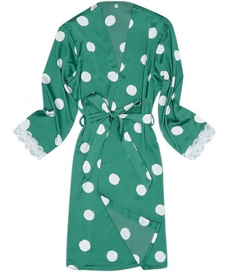Robes Women Sexy Satin Fashion Dot Print Robe Lace Pajamas Sleepwear Robe Long Sleeve - Green - CZ18UUTZKWE