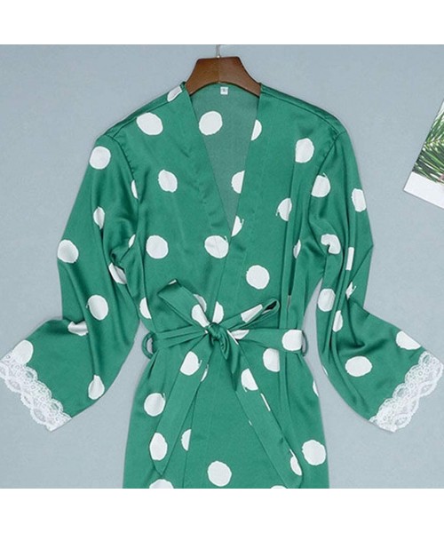 Robes Women Sexy Satin Fashion Dot Print Robe Lace Pajamas Sleepwear Robe Long Sleeve - Green - CZ18UUTZKWE