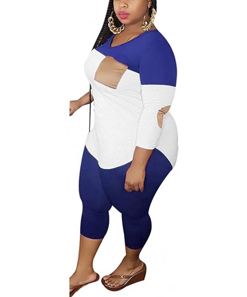 Sets Plus Size 2 Piece Outfits for Women Colorblock Pullover Sweatshirt Skinny Yoga Pants Set - Blue - CO190848GCH