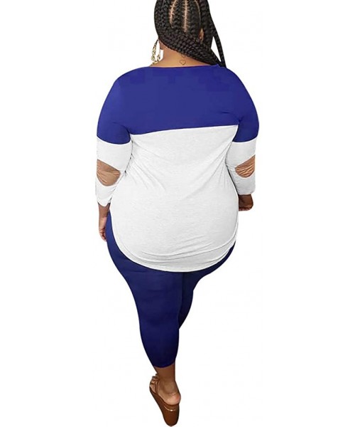 Sets Plus Size 2 Piece Outfits for Women Colorblock Pullover Sweatshirt Skinny Yoga Pants Set - Blue - CO190848GCH