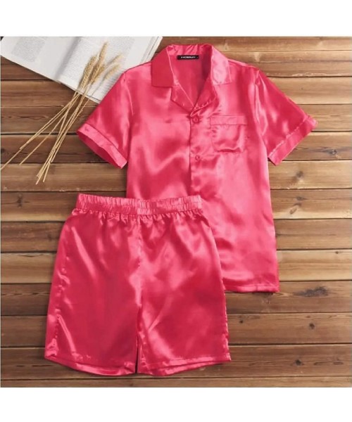Sleep Sets Men's Sleepwear 2-Piece Satin Sleepwear Short Sleepwear Pajama Set - Red - CC19C4EWUIK